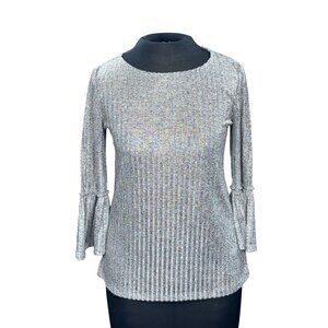 Silver Glittery Ribbed 3/4 Sleeve Top With Bell Cuffs